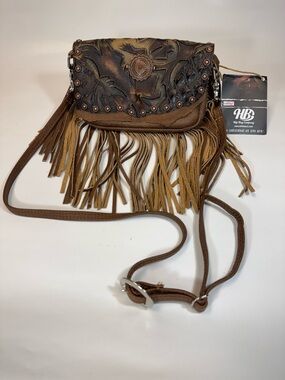 Brown Tooled Leather Fringe Crossbody Bag